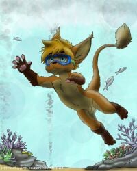 4:5 animal_genitalia anthozoan anthro balls canid canine casual_nudity cnidarian coral coral_reef ear_tuft eyewear eyewear_only felid feline fennec_fox fish fox fully_sheathed fully_submerged genitals gloves_(marking) goggles hi_res hybrid leg_markings male mammal marine markings nude pawpads sheath socks_(marking) solo swimming swimming_goggles tail tail_tuft true_fox tuft underwater water zephyrpanthur
