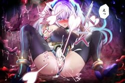 amahara_kuon bare_shoulders black_leotard black_thighhighs blue_eyes blush boots borrowed_character breasts cave celestia_quartz censored clitoral_stimulation clothing_aside detached_sleeves female female_ejaculation female_masturbation fingering gloves heart heart_censor highleg highleg_leotard jewelry koneko_(purinkypix) large_breasts leotard leotard_aside long_hair looking_at_viewer m_legs masturbation mind_control open_mouth original purple_eyes pussy pussy_juice sitting solo spread_legs tentacle thighhighs twintails white_gloves