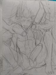 big_penis burankoprn danganronpa danganronpa:_trigger_happy_havoc drool drooling gay gay_domination holding_penis kiyotaka_ishimaru kuwata_leon male male/male male_focus male_only mondo_oowada muscular muscular_male nipples partially_clothed penis sketch smile threesome yaoi