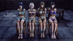 3d 4girls bagify bikini black_hair blue_hair bondage brown_hair chair dead_or_alive females_only gag gagged lobelia_(dead_or_alive) luna_(doa) monica_(doa) multiple_girls nanami_(doa) swimsuit white_hair