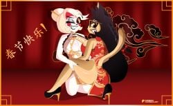2girls cat_ears cat_tail charlie_morningstar charlie_morningstar_(hazbin_hotel) chinese_clothes earrings facuwu696art facuwu_(facuwu696art) fur furry hazbin_hotel hazbin_hotel_oc helluva_boss helluva_boss_oc high_heels oc original_character