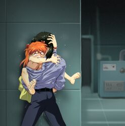 1boy absurdres against_wall age_difference amondetauro asuka_langley_sohryu barefoot bite_mark biting biting_neck black_hair black_pants blue_shirt censored dress female highres hug indoors interface_headset_(evangelion) kaji_ryouji long_hair male mature_male mosaic_censoring neon_genesis_evangelion orange_hair pants ponytail ryoji_kaji sex shirt souryuu_asuka_langley straight upright_straddle yellow_dress