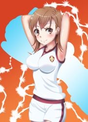 1girls alternate_breast_size armpits arms_behind_head big_breasts breasts brown_eyes brown_hair busty confident female female_only highres large_breasts legs looking_at_viewer medium_hair misaka_mikoto sexy sexy_armpits sexy_pose shorts smile solo sports_uniform sportswear thighs to_aru_kagaku_no_railgun to_aru_majutsu_no_index voluptuous