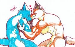 abs absurd_res anthro arctic_fox ass barazoku blush brother brothers canid canine closed_eyes duo epic_games fennix_(fortnite) fortnite fox fur genitals heart_symbol hi_res hug hugging_another incest kissing male male/male mammal muscular muscular_anthro muscular_male nipples nude orange_body orange_fur pecs penis pinumontbalou red_fox romantic romantic_couple sibling smile smiling_at_another tail true_fox volpez_(fortnite) white_body white_fur