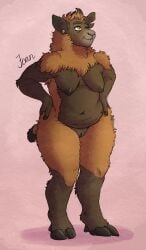 anthro bovid breasts brown_body brown_fur brown_wool caprine character_name ear_piercing english_text female fingers fur genitals hi_res hooves humanoid_hands joan_(kantachibli) kantachibli mammal mature_anthro mature_female navel nipples nude nude_anthro nude_female piercing pussy sheep smile solo standing tail text vulva wool_(fur)