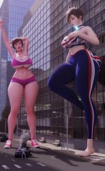 2girls asian asian_female big_breasts blizzard_entertainment breasts british british_female building buildings city d.va dbhfrost european european_female female female_focus giant_female giant_woman giantess hana_song korean korean_female large_boobs large_breasts lena_oxton light-skinned_female light_skin multiple_females multiple_girls overwatch overwatch_2 scrag_d.va scrag_tracer thick_thighs thighs tracer video_game_character