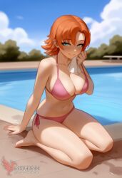 1girls 2d ai_generated ass big_ass bikini breasts cleavage erophoenix female female_focus full_body large_breasts looking_at_viewer nora_valkyrie orange_hair patreon_username pool rwby short_hair side-tie_bikini solo solo_female swimsuit thick thick_thighs uncensored