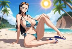 ai_generated ass beach bikini bikini_bottom bikini_top black_hair flip_flops huge_breasts nico_robin one_piece sand summer sunglasses sunglasses_on_head sweat sweatdrop water