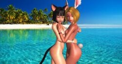 2girls 3d animal_ears black_hair blonde_hair cat_ears cat_tail completely_nude completely_nude_female dabnis-sinbad females_only nude nude_female original rabbit_ears tail xnalara