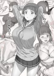 3boys a1_(initial-g) arms_around_neck arms_behind_head blunt_bangs bob_cut breasts bulge commentary_request erection erection_under_clothes fellatio female greyscale hair_ornament hairclip highres kirigaya_suguha large_breasts leg_lock licking licking_penis male male_underwear mating_press miniskirt monochrome multiple_boys multiple_views neckerchief one-piece_swimsuit oral penis pinned pleated_skirt sailor_collar school_swimsuit school_uniform sex short_hair skirt straight swimsuit sword_art_online translation_request underwear