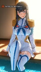 :p ai_generated black_hair blue_eyes blue_neckerchief blush breasts covered_navel cum cum_on_body cum_on_clothes cum_on_hair dress epaulettes facial female hair_ornament junketsu kill_la_kill kiryuuin_satsuki knee_up large_breasts long_hair long_sleeves looking_at_viewer meitabuu neckerchief pool poolside school_uniform sitting skirt smile soaking_feet solo sunlight thick_eyebrows thigh_boots thighhighs thighs tongue tongue_out water wet white_dress white_thighhighs