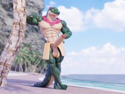 abs anthro arm_support balls barefoot beach biceps big_balls big_muscles big_penis bottomwear cliff clothed clothing connivingrat crocodilian erection exhibitionism feet flower flower_accessory flower_necklace flower_on_head fret genitals glans green_body green_scales hamstrings helm_(connivingrat) hi_res hula hula_dancer ineffective_clothing jewelry leaning leaning_on_elbow lei male male_only muscles muscular muscular_anthro muscular_male navel necklace nipples non-mammal_nipples obliques palm_tree pecs penis pink_nipples plant plantigrade pupils quads reptile rock_formation scales scalie sea seaside shoreline skirt slit_pupils solo standing tail teeth thicket topless topless_anthro topless_male tree triceps vein veiny_penis ventral_scales wardrobe_malfunction water yellow_sclera yellow_underbelly