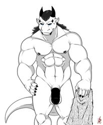 1boy abs balls biceps black_claws black_hair black_penis blue_eyes claws drake ear_piercing fur hair looking_at_viewer male male_only penis piercing psycohound solo thick_penis towel uncut zerk