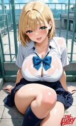 1girls ai_generated blonde_hair bow breasts cleavage day dh_lucky earrings female green_eyes hajimete_no_hitozuma huge_breasts jewelry kawai_satomi looking_at_viewer school_rooftop school_uniform seductive_look seductive_pose seductive_smile short_hair sitting_on_floor sitting_on_ground smile solo sweating thick_thighs