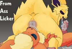 69_position ambiguous_gender anal anus bodily_fluids canid canine dominant dominant_ambiguous dominant_feral duo eeveelution feral flareon fox generation_1_pokemon genitals hi_res jolteon licking lotnik5 male male/ambiguous mammal nintendo oral orange_body pawpads paws penile penis penis_lick pokemon pokemon_(species) rear_view rimming saliva saliva_on_anus saliva_on_penis saliva_string sex shaded simple_background simple_shading submissive submissive_feral submissive_male text tongue tongue_out toony yellow_body