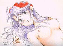 blush breasts earrings female jewelry long_hair lying nipples nude purple_hair smile solo upper_body