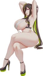 1girls arms_behind_back arms_behind_head arms_up bikini breasts chains crossed_legs flower goddess_of_victory:_nikke green_hair green_highlights guilty_(nikke) guilty_(wave_of_disbelief)_(nikke) handcuffs hands_behind_head high_heels highres huge_breasts invisible_chair large_breasts light-skinned_female light_skin lips lipstick long_hair melowh pinup ponytail purple_eyes restraints seductive seductive_look seductive_pose showing_armpits showing_off simple_background sole_female solo solo_female swimsuit thick thick_thighs thighs two_tone_hair
