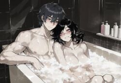 ai_generated andrew_graves ashley_graves bath bathing_together black_hair blush breasts brother_and_sister bubble_bath kizirugai looking_at_another medium_breasts muscular_male naked_female naked_male the_coffin_of_andy_and_leyley