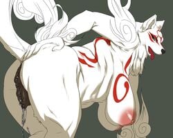 amaterasu anthro anus breasts detailed_pussy furry hanging_breasts large_breasts nipples okami okiyo panting plump pussy pussy_juice pussy_juice_drip tail tongue tongue_out white_fur