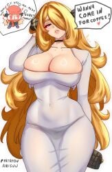 1boy 1girls anisdrawn bag beanie big_breasts black_choker black_hair blonde_hair blush breasts choker cleavage collarbone covered_navel cynthia_(pokemon) dress female grey_eyes hair_ornament hair_over_one_eye handbag hat heart heart-shaped_pupils highres holding holding_bag large_breasts long_hair long_sleeves looking_at_viewer lucas_(pokemon) male mommy navel nintendo open_mouth pants pokemon pokemon_dppt red_hat scarf see-through_clothes shirt short_hair skin_tight smile symbol-shaped_pupils taut_clothes taut_dress very_long_hair white_dress