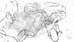 .hack 16:9 anthro cyberconnect2 fart fart_fetish fart_sniffing felid feline female hi_res male male/female mammal mia_(.hack) monochrome sniffing unknown_artist widescreen