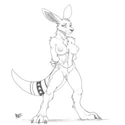 1:1 anthro areola artist_name ass athletic athletic_anthro athletic_female big_breasts biped breasts butt_from_the_front chest_tuft claws digitigrade female finger_claws fingers front_view full-length_portrait fur genitals greyscale hands_behind_back hi_res humanoid_genitalia humanoid_hands humanoid_pussy humanoid_vulva kangaroo looking_at_viewer macropod mammal markings marsupial midriff monochrome navel nipples nude nude_anthro nude_female portrait pussy retbriar scar shaded shadow smile solo spread_legs spreading standing tail text toe_claws tuft vulva