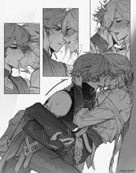 against_wall alhaitham_(genshin_impact) gay genshin_impact greyscale kaveh_(genshin_impact) kissing yaoi