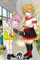 2futas beauty_mark bending_down bending_forward bending_over bending_over_penis black_skirt floral_print futa_only futa_with_futa futanari hair_ornament hallway hallway_in_background harajuku heart-shaped_pupils huge_cock intersex japanese_clothing japanese_flag japanese_futa orange_clothing orange_eyes orange_hair penis penis_accessory penis_awe penis_out penis_size_comparison penis_size_difference pink_clothing pink_hair school school_setting school_uniform schoolgirl schoolgirl_uniform shrine_gate skirt smile smiling smiling_at_camera smiling_at_viewer smiling_at_you smug_grin sunlight sunlight_rays uniform yellow_skirt