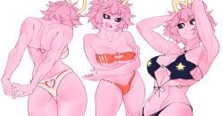 ass ass_focus back_view barely_clothed bikini black_sclera boku_no_hero_academia breasts breasts cleavage covered_nipples fit fit_female holic_fz inner_sideboob looking_at_viewer mina_ashido my_hero_academia sideboob stretching swimsuit swimsuits toned_back toned_body toned_female yellow_eyes yellow_horns