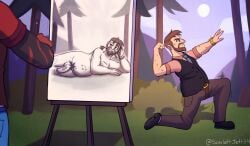 alessio_(disventure_camp) alessio_castelli alternate_version_available balls body_hair brown_eyes brown_hair canvas canvas_(object) cock disventure_camp disventure_camp:_carnival_of_chaos forest forest_background french_girl_pose gay holding_rose laying_on_side male naked necktie nudity painting pants posing posing_for_picture rose_(flower) rose_in_mouth scarlett_jett signature_artist_name suit tan_skin ted_(disventure_camp) ted_gordon