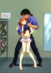 1boy age_difference amondetauro asuka_langley_sohryu black_hair blue_shirt blush crop_top female fingering flip-flops full_body grin half-closed_eyes hand_under_clothes highres interface_headset_(evangelion) kaji_ryouji licking long_hair low_ponytail male mature_male midriff navel neon_genesis_evangelion open_clothes open_shorts orange_hair ponytail ryoji_kaji sandals shirt shop shorts smile souryuu_asuka_langley standing straight white_shorts
