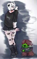 alt_girl ash_blonde_hair belly_piercing boots bow bows bracelet brawl_stars breasts choker colette_(brawl_stars) dress erotic gaiters goth gothic hoodie horn horns legs makeup nails nails_painted patch piercing piercings ponytail skirt smoking spike_(brawl_stars) sticker stickers stockings supercell thbahabu_pajn357 thighs white_body white_hair white_skin