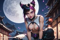 1girls ai_generated architecture baggy_pants bare_shoulders belt black_hair bracelet breasts capcom collar east_asian_architecture full_moon hair_horns hi_res juri_han juri_han lantern looking_at_viewer makeup medium_breasts moon multicolored_hair navel night nipples open_clothes outdoors pants patreon_username progenarts purple_eyes purple_hair purple_lips smile solo spiked_choker spiked_collar spikes street_fighter street_fighter_6 two-tone_hair web_address