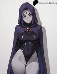 1girls ai_generated arms_behind_back bodysuit breasts cameltoe covered_navel dc_comics female gem hi_res high_quality high_resolution highres large_breasts latex latex_bodysuit light lips looking_at_viewer nose opal_nemy patreon patreon_logo patreon_url patreon_username plain_background purple_eyes purple_hair pussy pussy_peek raven_(dc) robe self_upload shadow shiny shiny_clothes shiny_skin short_hair simple_background teen_titans teeth thick_eyebrows thick_thighs thighs upper_teeth_only watermark white_background