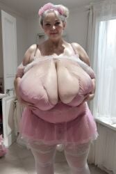 ai_generated bbw bbw_mom big_ass big_breasts bra cellulite cleavage cleavage_cutout elderly elderly_female granny hair_bun huge_breasts lace lace-trimmed_bra lace_trim mature mature_female puffy_short_sleeves puffy_sleeves sagging_breasts saggy_breasts short_skirt tiara transparent_clothing updo