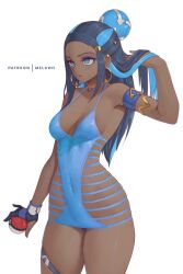 armlet black_hair blue_eyes blue_hair breasts cowboy_shot dark_skin earrings female gloves gym_leader hair_bun holding holding_poke_ball hoop_earrings jewelry long_hair multicolored_hair poke_ball poke_ball_(generic) rurina_(pokemon) solo swimsuit thighs two-tone_hair