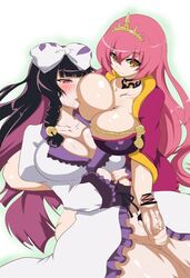 blush bow breast_licking censored clothing futanari handjob intersex licking long_hair multiple_girls oda_nobunaga_(sengoku_collection) penis pink_hair poko_chin purple_eyes purple_hair sengoku_collection smile tongue veins veiny_penis yellow_eyes