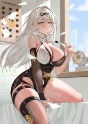 absurdres ahoge black_gloves black_shorts breasts electric_fan female fingerless_gloves gloves hair_ornament hairclip high-waist_shorts highres indoors kururu_(qqqqq59508750) large_breasts long_hair looking_at_viewer see-through_clothes see-through_legwear shirt shorts single_hair_intake single_thighhigh sitting solo thick_thighs thighhighs thighs white_hair white_shirt yellow_eyes yin_yang_pin yixuan_(zenless_zone_zero) zenless_zone_zero