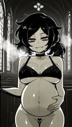 ai_art ai_assisted ai_generated ashley_graves ass belly belly_expansion black_hair cathedral collar curvy female female goth pale_skin pink_eyes pregnant the_coffin_of_andy_and_leyley voluptuous voluptuous_female
