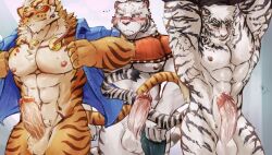 3boys anthro arknights blush breasts clothing erection felid grimoire_of_zero group hi_res hypergryph jewelry lin_hu male male/male mammal mercenary_(grimoire_of_zero) mountain_(arknights) necklace nekojishi nodis_node pantherine standing studio_klondike studio_montagne tiger trio undressing