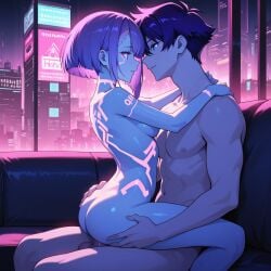 ai_art ai_generated anime concept_art couple cowgirl cyberpunk embracing explicit female futuristic glowing highres large_breasts male neon neon_lights nsfw nude oral_implied sci-fi slender_body tattoos