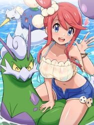 1girls :d absurdres bikini bikini_under_clothes bikini_under_shorts blue_eyes blue_shorts breasts crop_top female hand_up heart highres jumpluff large_breasts legendary_pokemon nintendo official_alternate_costume one_side_up open_fly open_hand open_mouth pokemoa pokemon pokemon_(creature) pokemon_masters_ex red_hair riding short_shorts shorts sitting smile soaking_feet swanna swimsuit tan thighs tornadus water