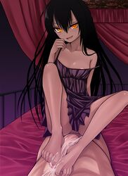 aebafuti barefoot black_hair cum cum_on_body cum_on_feet cum_on_lower_body dark-skinned_female dark_skin feet female footjob highres long_hair master_nemesis no_panties penis revision solo strap_slip to_love-ru to_love-ru_darkness toes