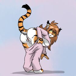 aggrobadger ass bent_over breasts brown_fur brown_hair clothing feline female flora_(twokinds) furry hair looking_at_viewer looking_back nipples pajamas plain_background pussy raised_tail solo standing stripes tiger twokinds undressing yellow_eyes