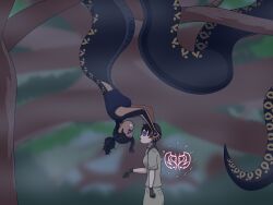 2girls assertive assertive_female bisexual black_hair brown_hair dark-skinned_female dark_skin dominant dominant_female female femdom forest girl_on_girl head_grab human hypnosis lamia monster_girl naga original_character original_characters projectsubby python rainforest snake snake_girl snake_tail yuri
