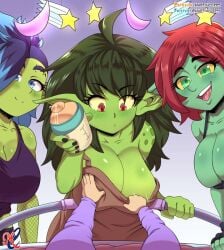 3girls big_breasts blue_eyes bottle cleavage curvy curvy_figure female fishnets goblin goblin_female gobu_(character) green_eyes green_hair green_skin long_hair martincorps milk pointy_ears purple_hair red_eyes red_hair smile thick