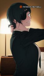 bed bedroom black_hair black_jacket black_necktie blue_eyes blush breasts chainsaw_man collared_shirt eyepatch female formal from_side grin hand_on_own_neckhimeno_(chainsaw_man) himeno_(chainsaw_man) indoors jacket lamp large_breasts long_sleeves looking_at_viewer looking_to_the_side meitabuu necktie on_bed one_eye_covered shirt short_hair smile solo suit suit_jacket sweat upper_body white_shirt