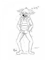 aggressive_retsuko aggretsuko anthro bibarel_rei blush blush_lines bodily_fluids bottomwear breath clothing embarrassed footwear genital_fluids haida haida_(aggretsuko) hand_in_pocket hi_res hyena jacket male male_peeing mammal pants peeing pockets sanrio shirt shoes simple_background solo sweat sweatdrop topwear urine urine_on_ground urine_pool urine_through_clothing watersports wet wet_bottomwear wet_clothing wet_pants wetting white_background