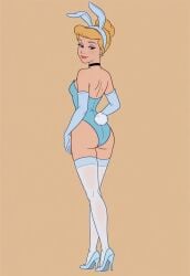 1girl ai_generated ass back bare_shoulders bedroom_eyes blonde_hair blue_eyes blue_leotard blush breasts bun bunny_ears bunny_tail choker cinderella cinderella_(1950_film) cinderella_(disney) disney disney_princess earrings eyelashes eyeliner eyeshadow female full_body hairband hairbun half-closed_eyes hand_on_thigh high_heels highleg_leotard legs leotard light_smile lips looking_at_viewer looking_back narrow_waist playboy_bunny princess red_lipstick sandlecrantz_(ai_generator) shoulder_blades simple_background small_breasts smile standing strapless_leotard thighhighs thighs walking walking_away