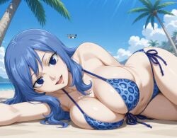 1girls ai_generated beach bikini blue_bikini blue_eyes blue_hair blue_sky breasts cleavage closed_mouth cloud collarbone eternoai fairy_tail female front-tie_top hair_between_eyes heart huge_breasts juvia_lockser large_breasts leopard_print long_hair looking_at_viewer navel ocean outdoors palm_tree print_bikini side-tie_bikini sky smile solo solo_female stomach string_bikini swimsuit thighs water